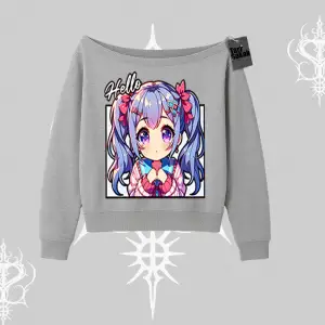Kayık Yaka Sweatshirt Hello Anime Kız Sevimli Karakter Baskılı