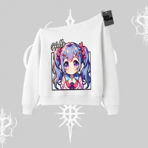 Kayık Yaka Sweatshirt Hello Anime Kız Sevimli Karakter Baskılı