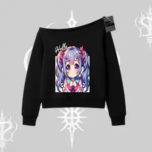 Kayık Yaka Sweatshirt Hello Anime Kız Sevimli Karakter Baskılı