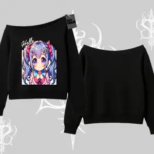 Kayık Yaka Sweatshirt Hello Anime Kız Sevimli Karakter Baskılı