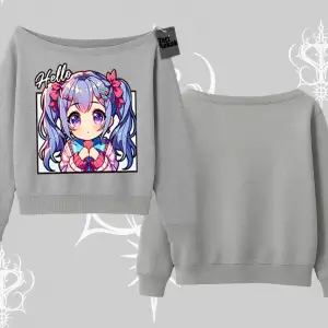 Kayık Yaka Sweatshirt Hello Anime Kız Sevimli Karakter Baskılı
