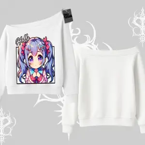 Kayık Yaka Sweatshirt Hello Anime Kız Sevimli Karakter Baskılı