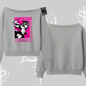 Kayık Yaka Sweatshirt Heroic Anime Girl Japon Stil Grafik Baskılı