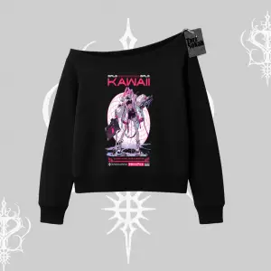 Kayık Yaka Sweatshirt Kawaii Cyberpunk Kız Japon Stil Baskı