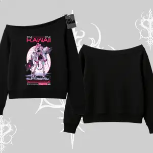 Kayık Yaka Sweatshirt Kawaii Cyberpunk Kız Japon Stil Baskı