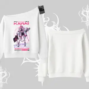Kayık Yaka Sweatshirt Kawaii Cyberpunk Kız Japon Stil Baskı
