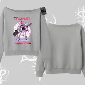 Kayık Yaka Sweatshirt Kawaii Cyberpunk Kız Japon Stil Baskı