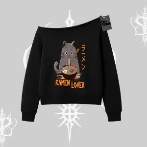 Kayık Yaka Sweatshirt Ramen Lover Kedi Anime Baskılı