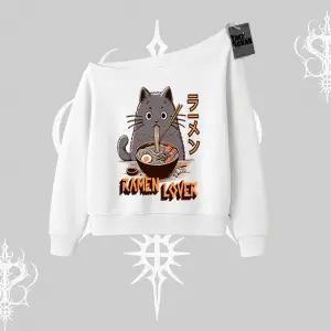 Kayık Yaka Sweatshirt Ramen Lover Kedi Anime Baskılı