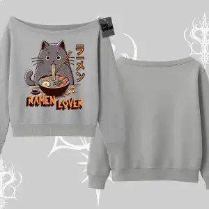 Kayık Yaka Sweatshirt Ramen Lover Kedi Anime Baskılı