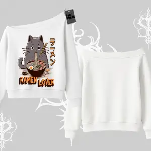 Kayık Yaka Sweatshirt Ramen Lover Kedi Anime Baskılı