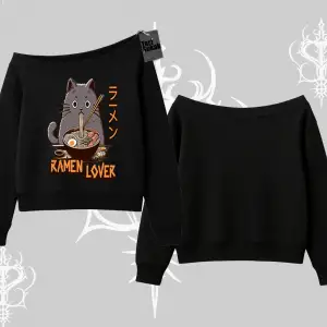 Kayık Yaka Sweatshirt Ramen Lover Kedi Anime Baskılı