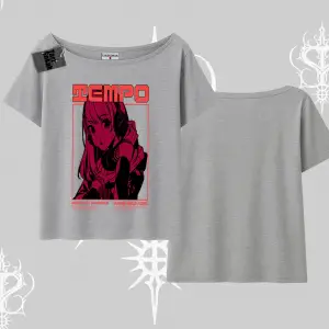 Kayık Yaka Tshirt Anime Waifu Kırmızı Grafik Desenli
