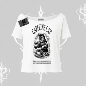 Kayık Yaka Tshirt Caffeine Cat Kahve Temalı Kedi Baskılı