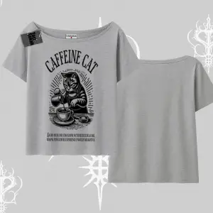 Kayık Yaka Tshirt Caffeine Cat Kahve Temalı Kedi Baskılı