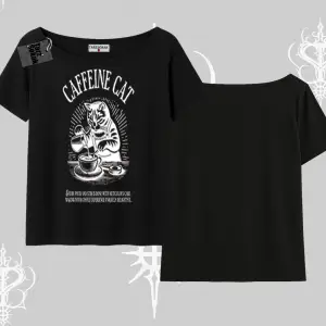 Kayık Yaka Tshirt Caffeine Cat Kahve Temalı Kedi Baskılı