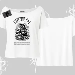 Kayık Yaka Tshirt Caffeine Cat Kahve Temalı Kedi Baskılı