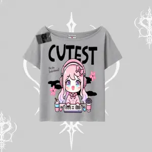 Kayık Yaka Tshirt Cute Anime Gamer Girl Baskılı