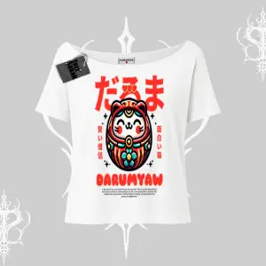 Kayık Yaka Tshirt Daruma Kedi Anime Baskılı