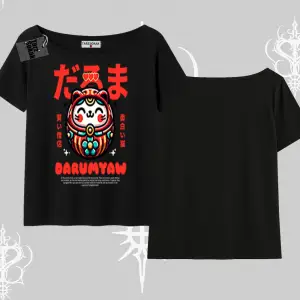 Kayık Yaka Tshirt Daruma Kedi Anime Baskılı