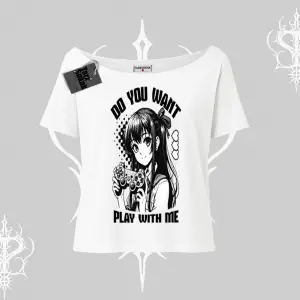 Kayık Yaka Tshirt Do You Want Play With Me Anime Kız Baskılı
