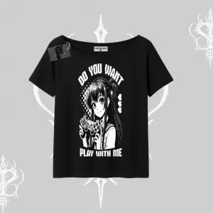 Kayık Yaka Tshirt Do You Want Play With Me Anime Kız Baskılı