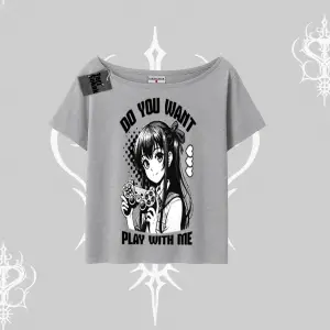 Kayık Yaka Tshirt Do You Want Play With Me Anime Kız Baskılı