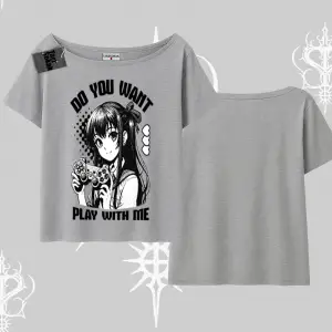 Kayık Yaka Tshirt Do You Want Play With Me Anime Kız Baskılı
