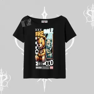 Kayık Yaka Tshirt Fake Smile Mood Ayıcık Grafik Baskılı