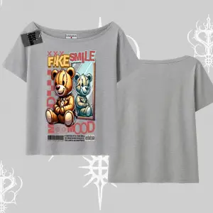 Kayık Yaka Tshirt Fake Smile Mood Ayıcık Grafik Baskılı