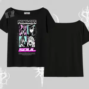 Kayık Yaka Tshirt Fearless Soul Anime Kolaj Baskılı
