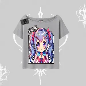 Kayık Yaka Tshirt Hello Anime Kız Sevimli Karakter Baskılı