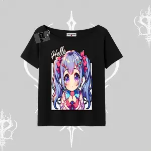 Kayık Yaka Tshirt Hello Anime Kız Sevimli Karakter Baskılı