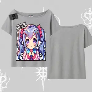 Kayık Yaka Tshirt Hello Anime Kız Sevimli Karakter Baskılı