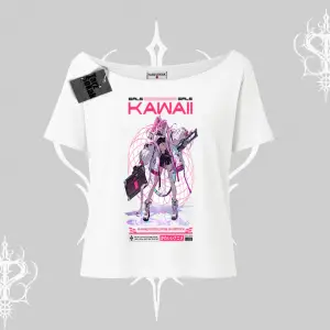 Kayık Yaka Tshirt Kawaii Cyberpunk Kız Japon Stil Baskı