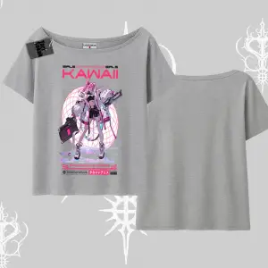 Kayık Yaka Tshirt Kawaii Cyberpunk Kız Japon Stil Baskı