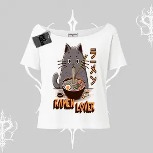 Kayık Yaka Tshirt Ramen Lover Kedi Anime Baskılı