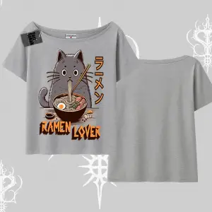 Kayık Yaka Tshirt Ramen Lover Kedi Anime Baskılı