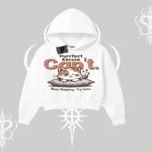 Kedi Baskılı Cant Busy Napping Y2K  Kapşonlu Crop Sweatshirt