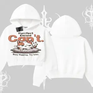 Kedi Baskılı Cant Busy Napping Y2K  Kapşonlu Crop Sweatshirt