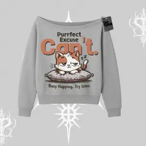 Kedi Baskılı Cant Busy Napping Y2K  Kayık Yaka Sweatshirt
