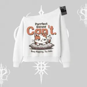 Kedi Baskılı Cant Busy Napping Y2K  Kayık Yaka Sweatshirt