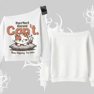 Kedi Baskılı Cant Busy Napping Y2K  Kayık Yaka Sweatshirt