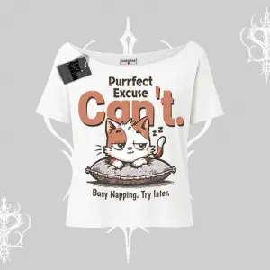 Kedi Baskılı Cant Busy Napping Y2K  Kayık Yaka Tshirt