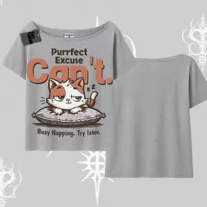Kedi Baskılı Cant Busy Napping Y2K  Kayık Yaka Tshirt