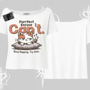 Kedi Baskılı Cant Busy Napping Y2K  Kayık Yaka Tshirt