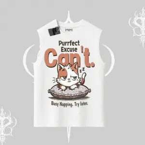 Kedi Baskılı Cant Busy Napping Y2K  Kolsuz Tshirt