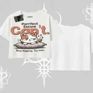 Kedi Baskılı Cant Busy Napping Y2K  Oversize Crop Tshirt
