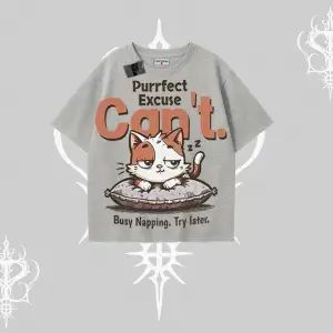 Kedi Baskılı Cant Busy Napping Y2K  Oversize Tshirt