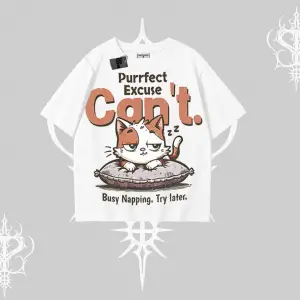 Kedi Baskılı Cant Busy Napping Y2K  Oversize Tshirt